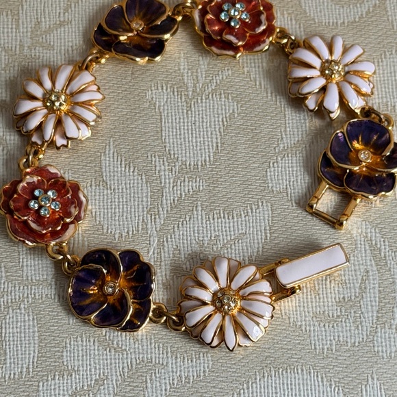 VTG MMA Imperial Wildflower Hand Enameled 22K Gold & Czech Crystals Bracelet - Picture 4 of 9